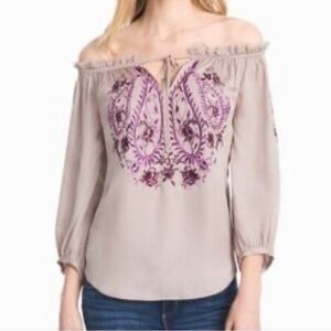 White House Black Market Marie Embroidered Off-Shoulder Blouse Boho Peasant Sz M